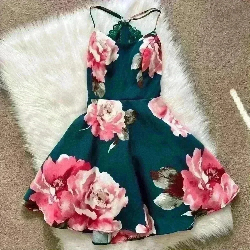 City Triangles Y2K Flare Green & Pink Floral Open Back Mini Dress